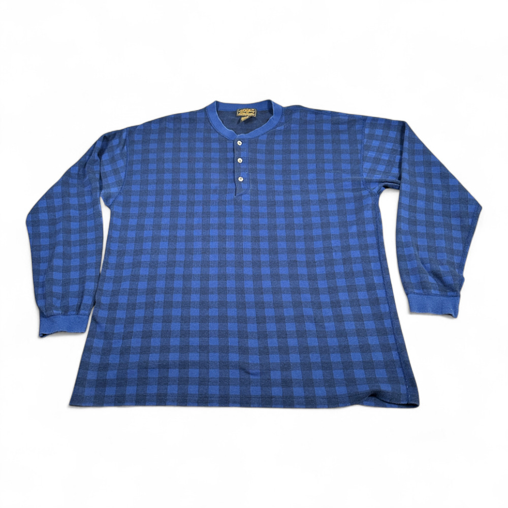 Vintage Eddie Bauer Shirt Adult 2XL Blue Buffalo Check Plaid Henley USA 90s